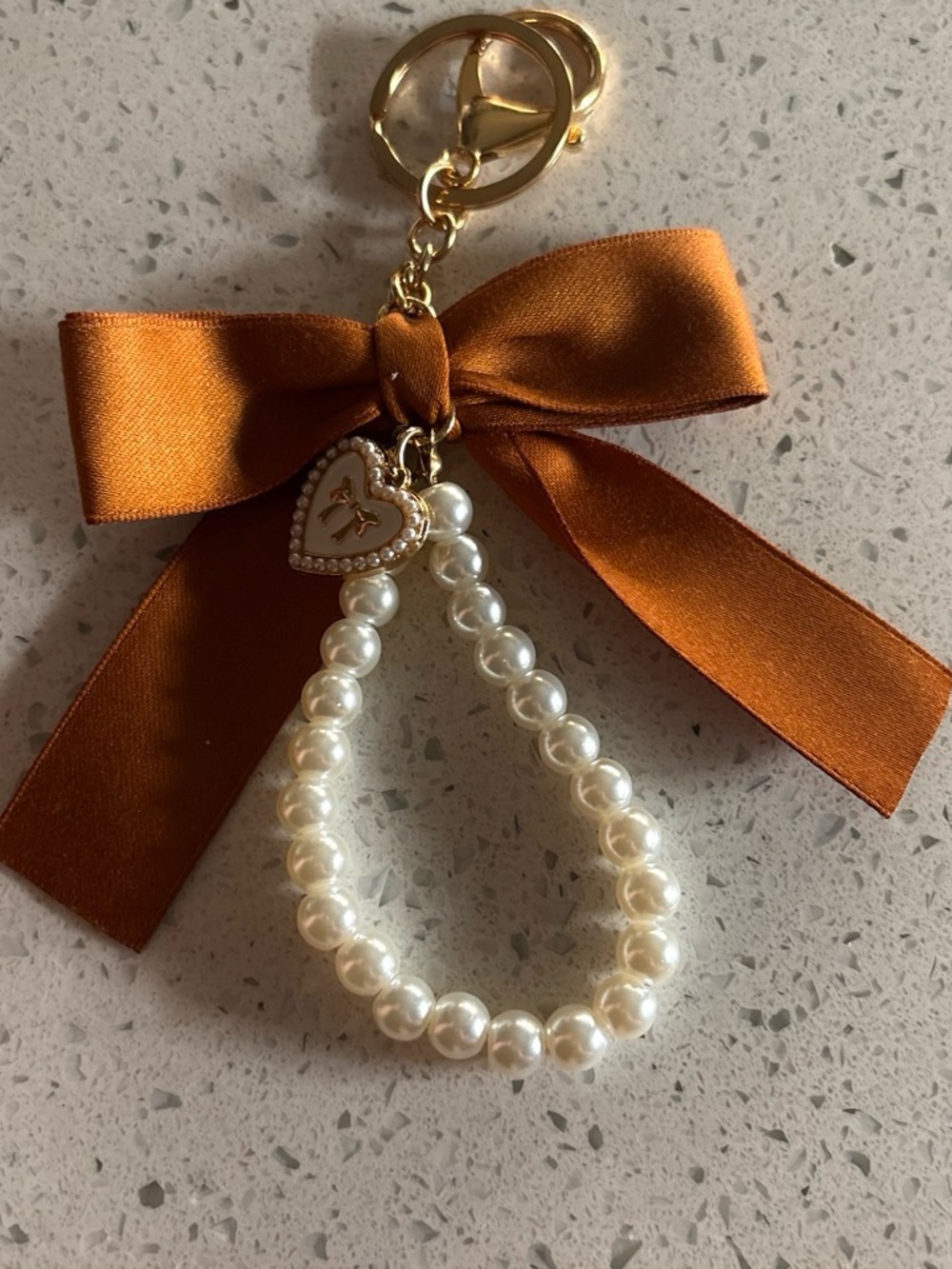 Pearl Bead Keychain Charm with Orange Bow and Heart Pendant